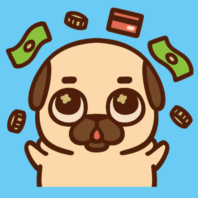 a pug dog is surrounded by coins and bills