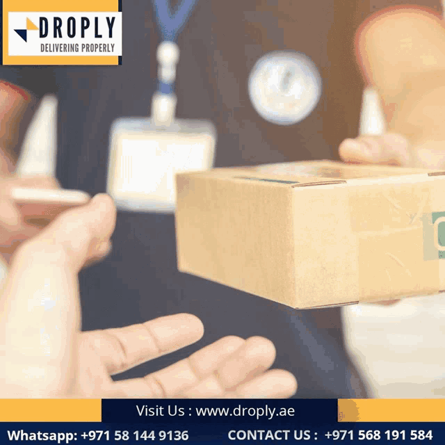 a droply ad with a person holding a box