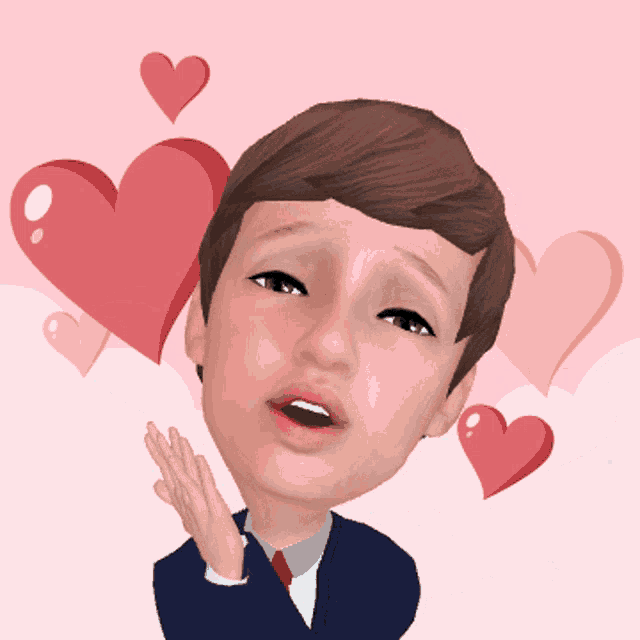 a boy in a suit and tie with hearts around him