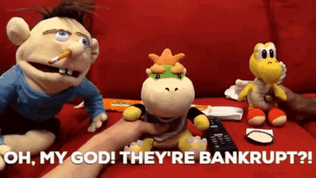 three stuffed animals are sitting on a red couch with the words oh my god they 're bankrupt behind them