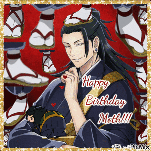 a picture of a man in a kimono with the words happy birthday moth written on it