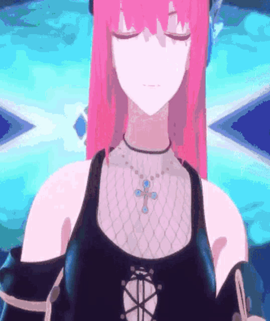 a girl with pink hair and a necklace with a cross on it