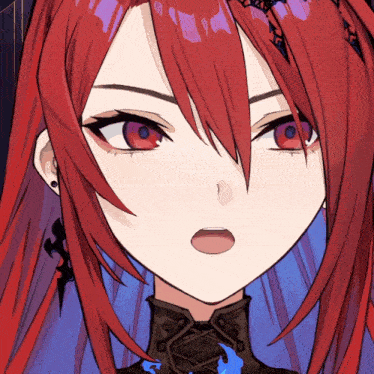a close up of a girl 's face with red hair and blue eyes
