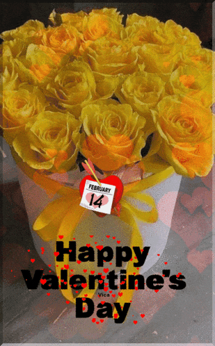 a happy valentine 's day greeting card with yellow roses in a heart shaped box
