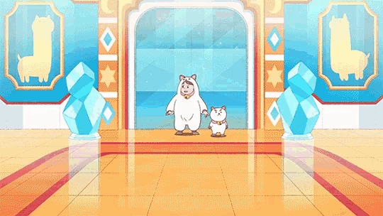 a couple of cartoon animals standing next to each other in front of a door .
