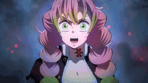 a girl with pink hair and green eyes is looking at the camera with a shocked look on her face .