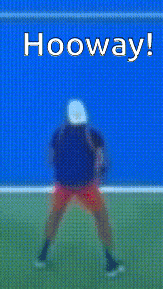 a man is holding a tennis racquet on a tennis court with the words hooway written above him