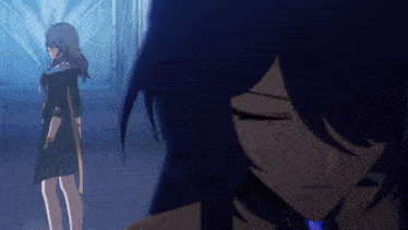 a girl with long dark hair is standing in the dark
