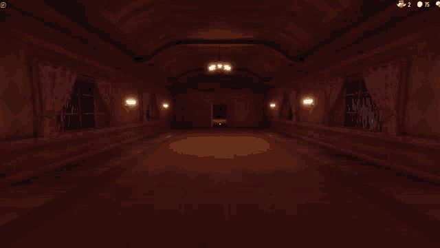 a dark room with a chandelier hanging from the ceiling and a few windows