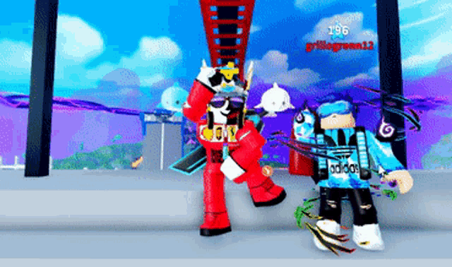 two roblox characters are standing next to each other and one has the number 196 on his chest