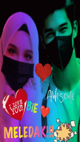 a man and a woman wearing masks with a heart that says " i love you "