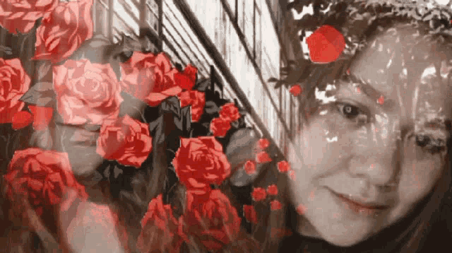 a woman 's face is surrounded by red roses in a black and white photo