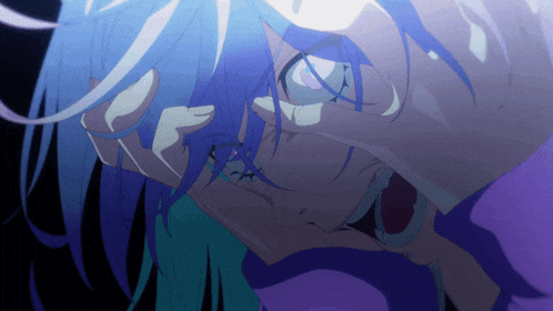 a close up of a person 's face with blue hair and a purple background