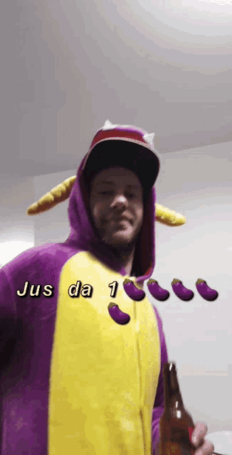 a man in a purple and yellow costume holding a bottle of beer