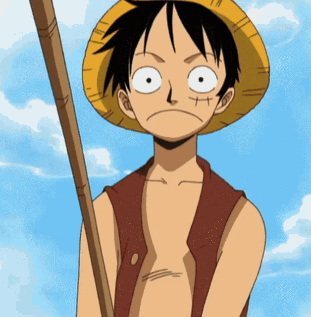 a shirtless anime character with a straw hat and a wooden stick