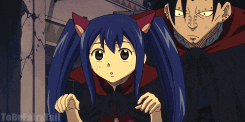 a girl with blue hair and cat ears is standing next to a man in a black cape