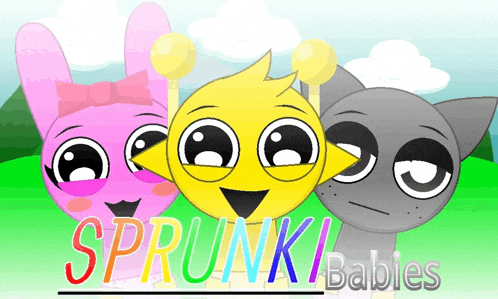 a group of cartoon characters standing next to each other with the words sprunki babies below them