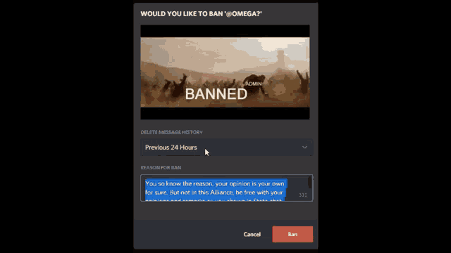 a screen that says would you like to ban omega