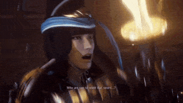 a woman in a video game is holding a sword and saying who are you to wield that sword .