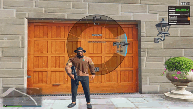 a man in a video game is standing in front of a wooden garage door with a circle around him that says kriegswaffe