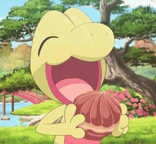 a cartoon frog is laughing while holding a piece of food in his mouth .