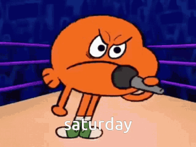 a cartoon character is singing into a microphone with the word saturday written below him