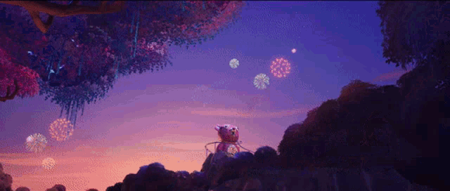 a teddy bear is standing on a rock watching fireworks