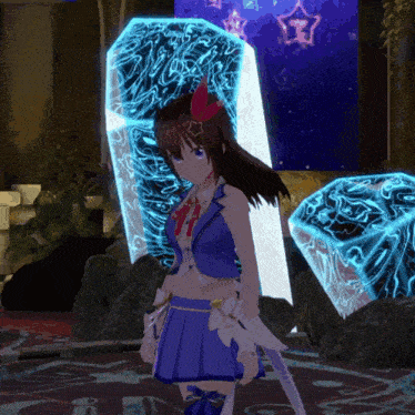 a girl in a blue dress is standing in front of a glowing star