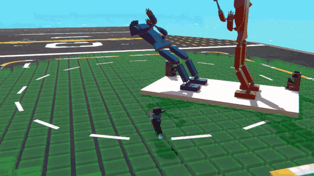 a blue robot is standing on a white platform with a red robot standing next to it