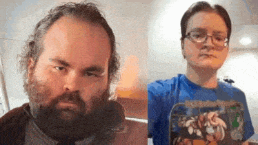 a man with a beard and glasses is taking a selfie next to another man without a beard .