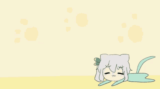 a cartoon of a girl with a cat tail laying on the ground .