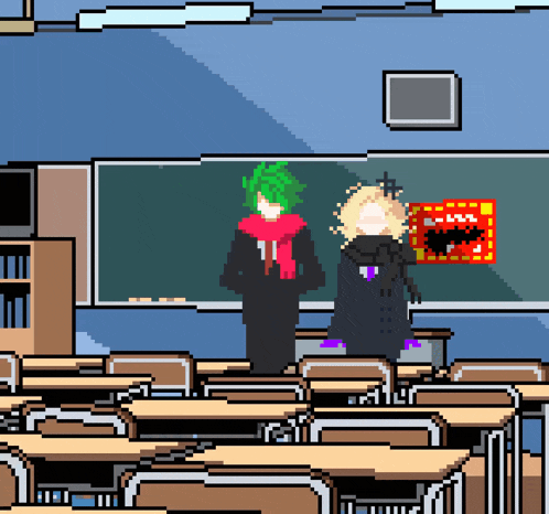 a pixel art of two people standing in a classroom with a blackboard that says ' a ' on it