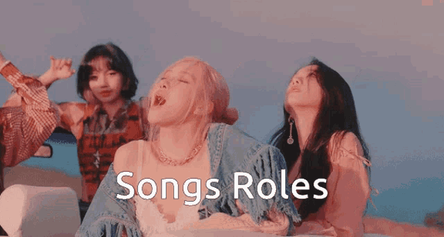 a group of girls are standing next to each other with the words songs roles written below them