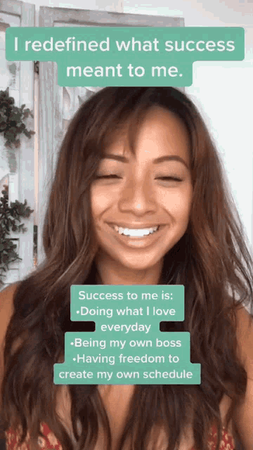 a woman is smiling and talking about what success means to her