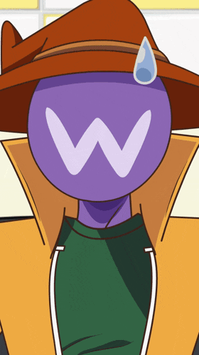 a cartoon character wearing a hat and a green shirt has the letter w on his face