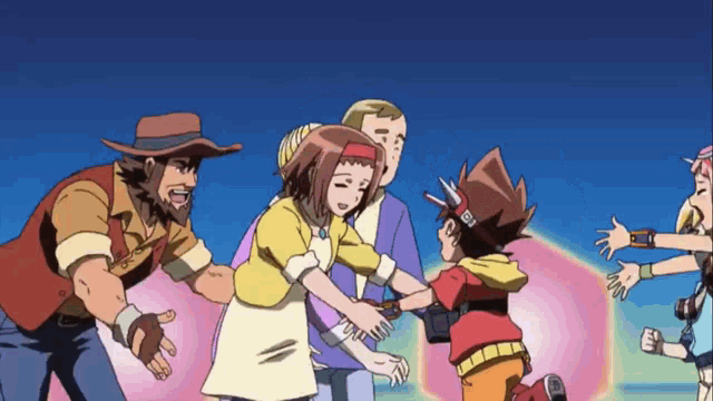 a group of anime characters are hugging each other and one of them has a sticker on his head that says ' a '
