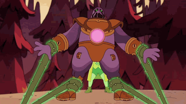 a cartoon character is standing next to a giant purple robot