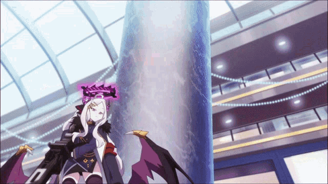 a girl with a crown on her head is standing next to a pillar in a building