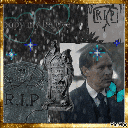 a man in a suit and tie is standing in front of a tombstone that says r.i.p.
