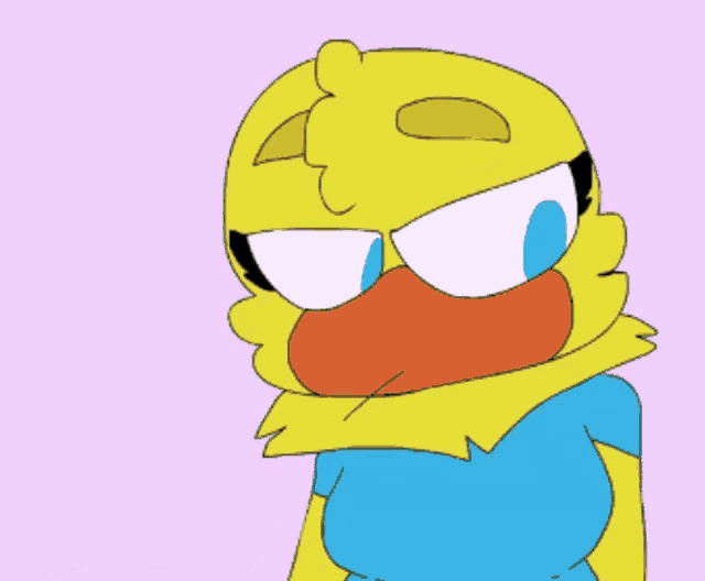 a cartoon drawing of a yellow duck wearing glasses and a blue shirt