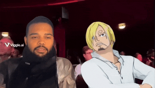 a man with a beard is standing next to a drawing of a man with blonde hair and a beard
