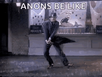 a man in a suit is dancing in the rain with an umbrella in front of a store .