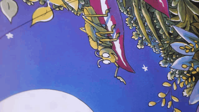 a cartoon drawing of a grasshopper hanging from a tree