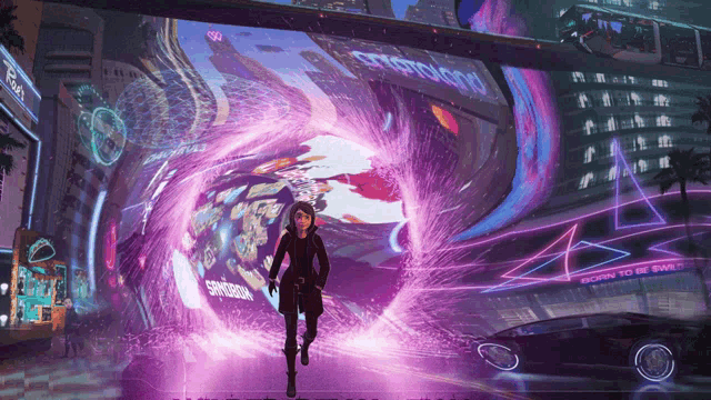 a futuristic city with a sign that says " born to be evil "