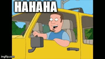 a cartoon of a man driving a yellow car with the caption " hahaha " above him