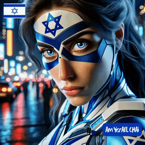 a painting of a woman in a superhero costume with the words am israel chai on the bottom right