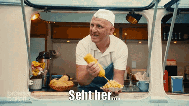 a man pouring mustard on french fries with the words seht her written below him