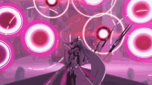 a cartoon character is standing in front of a pink background with circles .