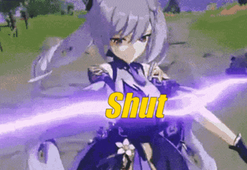 a girl in a purple dress is holding a purple lightning bolt and the word shut is in yellow letters .