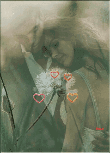 a painting of a man and woman with dandelions and hearts